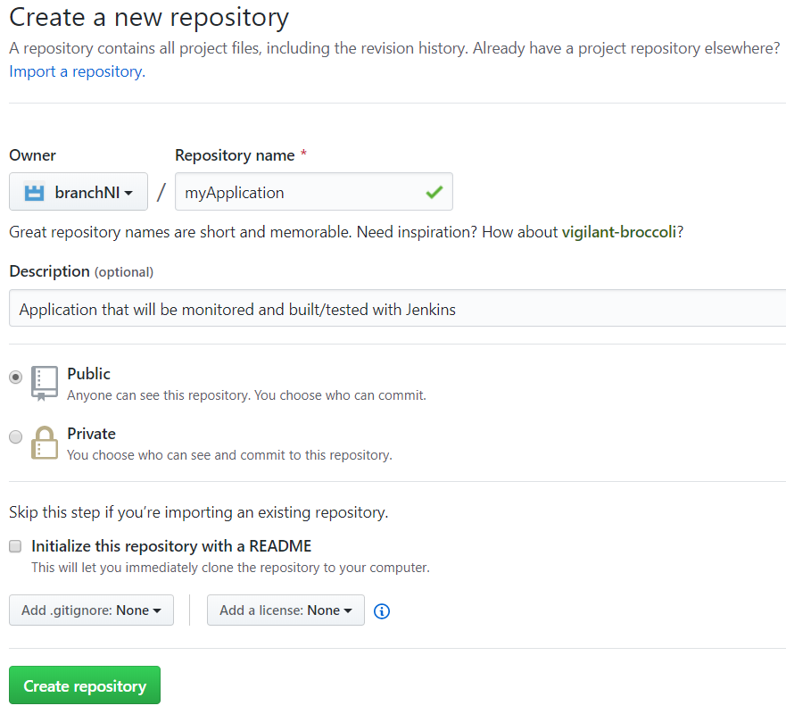 GitHub Create myApplication Repo